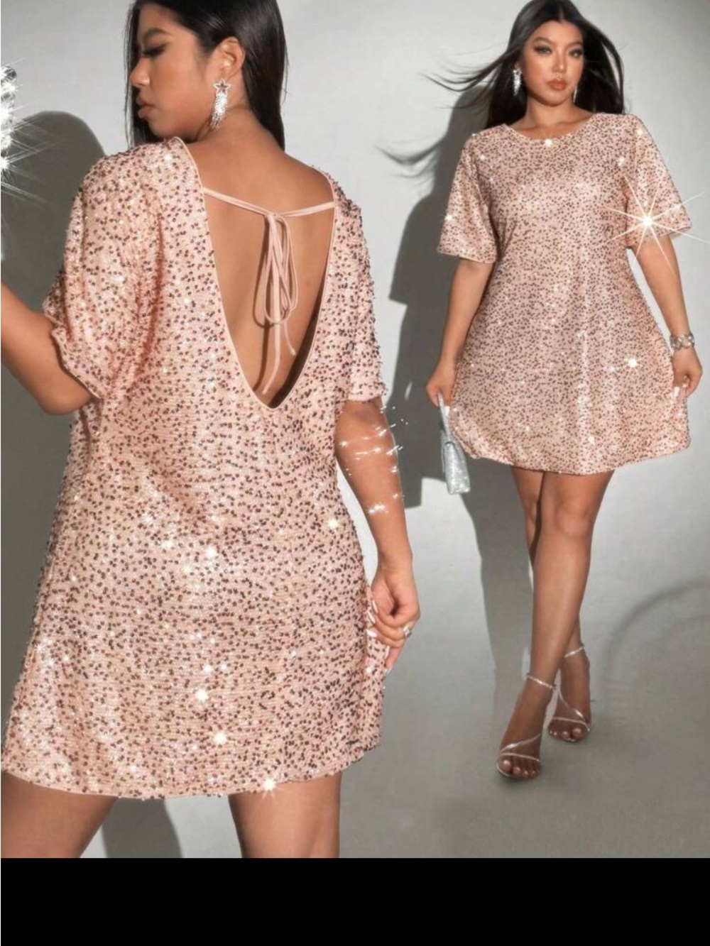 SHEIN Rose Gold Sequin Short Dress with Back Tie